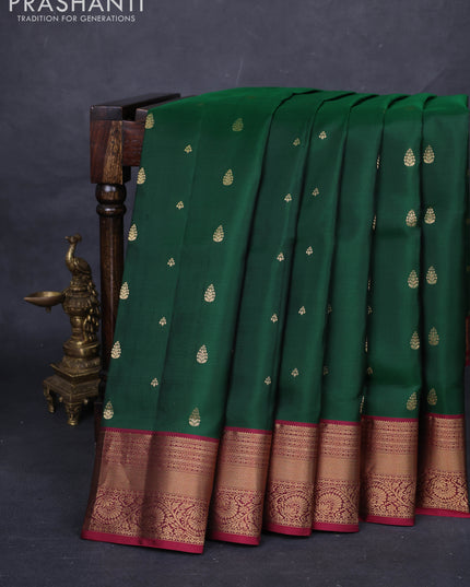 Bottle Green & Magenta Pink Pure Soft Silk Saree - Zari Buttas