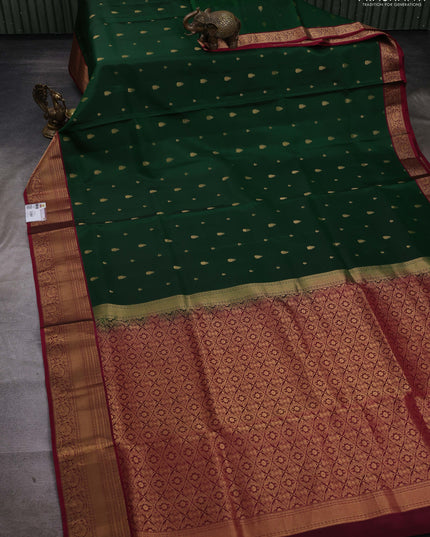 Bottle Green & Magenta Pink Pure Soft Silk Saree - Zari Buttas