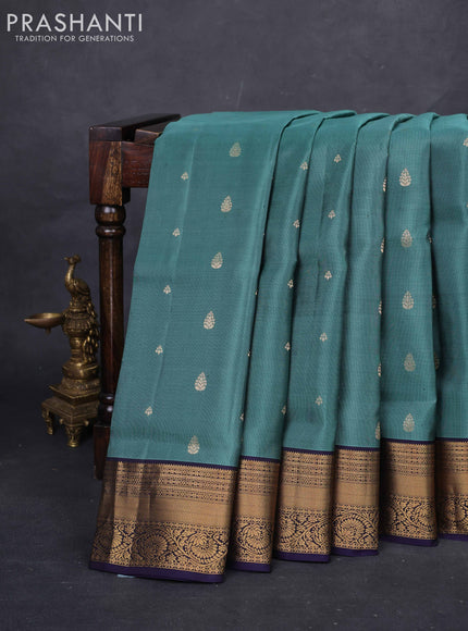 Pastel Green & Navy Blue Pure Soft Silk Saree - Zari Buttas