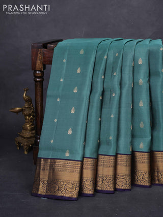 Pastel Green & Navy Blue Pure Soft Silk Saree - Zari Buttas