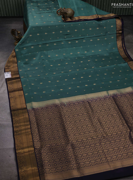 Pastel Green & Navy Blue Pure Soft Silk Saree - Zari Buttas