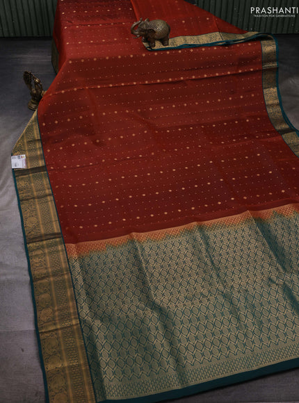 Rust  & Peacock Green Pure Soft Silk Saree - Zari Buttas