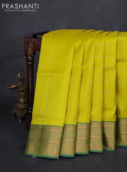 Lime Green & Teal Green Pure Soft Silk Saree - Zari Buttas