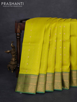 Lime Green & Teal Green Pure Soft Silk Saree - Zari Buttas