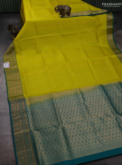 Lime Green & Teal Green Pure Soft Silk Saree - Zari Buttas