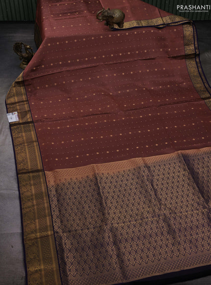 Rust  & Navy Blue Pure Soft Silk Saree - Zari Buttas