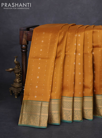 Mustard Yellow & Peacock Green Pure Soft Silk Saree - Zari Buttas