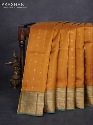 Mustard Yellow & Peacock Green Pure Soft Silk Saree - Zari Buttas