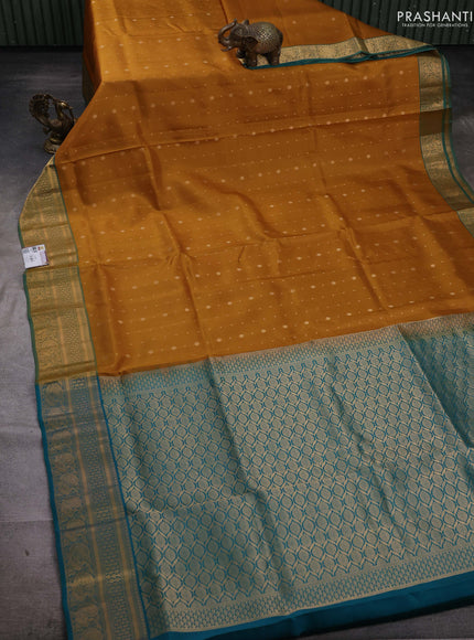 Mustard Yellow & Peacock Green Pure Soft Silk Saree - Zari Buttas