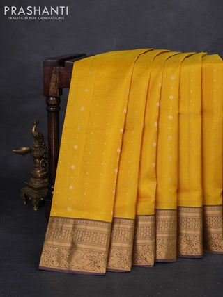 Yellow & Navy Blue Pure Soft Silk Saree - Zari Buttas
