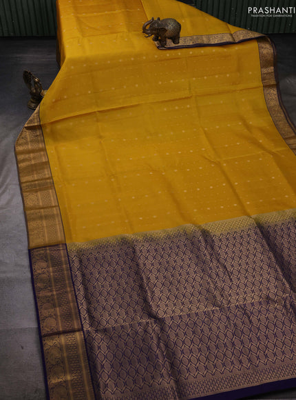 Yellow & Navy Blue Pure Soft Silk Saree - Zari Buttas