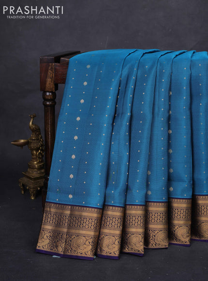 Teal Blue & Navy Blue Pure Soft Silk Saree - Zari Buttas