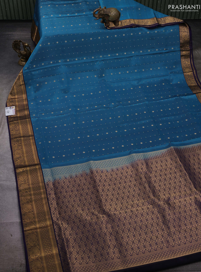 Teal Blue & Navy Blue Pure Soft Silk Saree - Zari Buttas