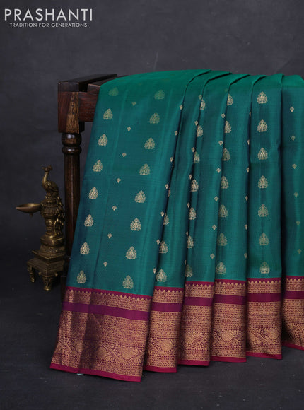 Green & Magenta Pink Pure Soft Silk Saree - Zari Buttas
