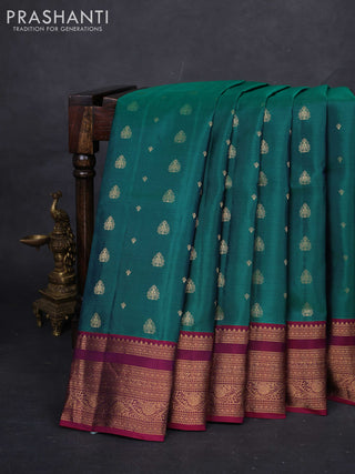 Green & Magenta Pink Pure Soft Silk Saree - Zari Buttas
