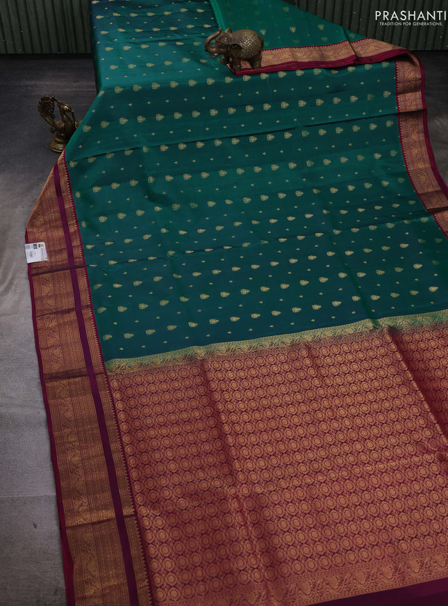 Green & Magenta Pink Pure Soft Silk Saree - Zari Buttas