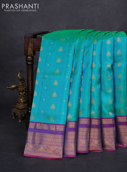 Teal Green & Magenta Pink Pure Soft Silk Saree - Zari Buttas