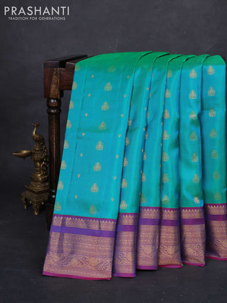 Teal Green & Magenta Pink Pure Soft Silk Saree - Zari Buttas