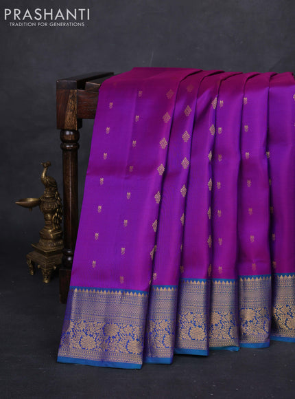 Purple & Peacock Green Pure Soft Silk Saree - Zari Buttas