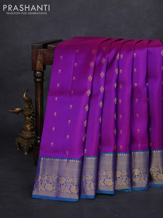 Purple & Peacock Green Pure Soft Silk Saree - Zari Buttas