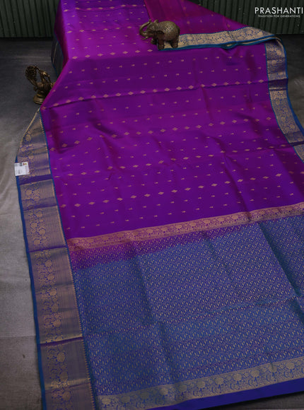 Purple & Peacock Green Pure Soft Silk Saree - Zari Buttas