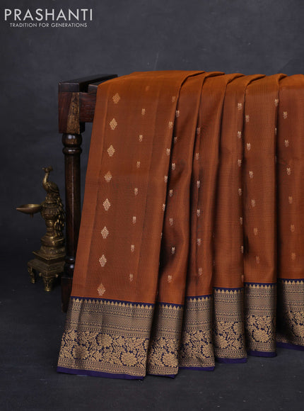 Rust  & Navy Blue Pure Soft Silk Saree - Zari Buttas