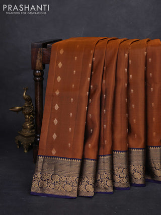 Rust  & Navy Blue Pure Soft Silk Saree - Zari Buttas