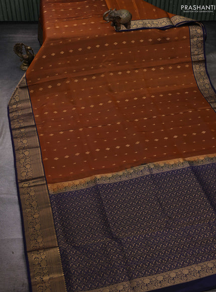 Rust  & Navy Blue Pure Soft Silk Saree - Zari Buttas