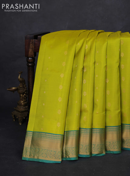 Lime Yellow & Teal Green Pure Soft Silk Saree - Zari Buttas