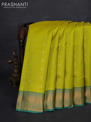 Lime Yellow & Teal Green Pure Soft Silk Saree - Zari Buttas