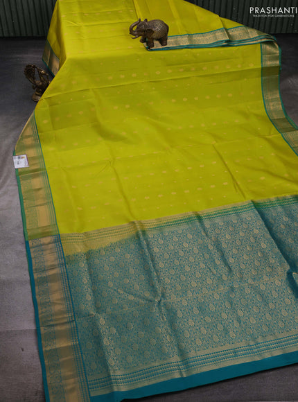 Lime Yellow & Teal Green Pure Soft Silk Saree - Zari Buttas