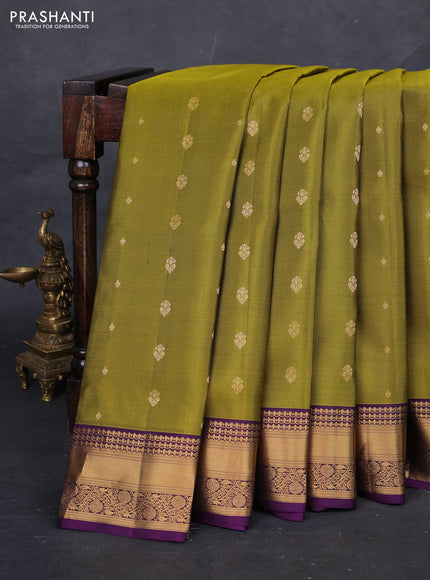 Mehendi Green & Purple Pure Soft Silk Saree - Zari Buttas