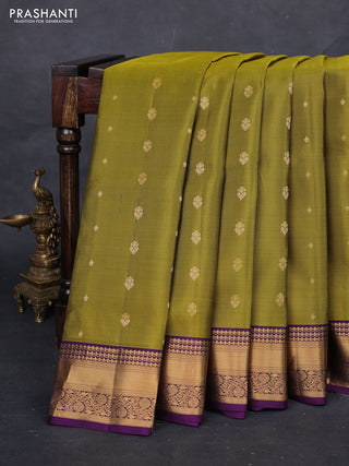 Mehendi Green & Purple Pure Soft Silk Saree - Zari Buttas