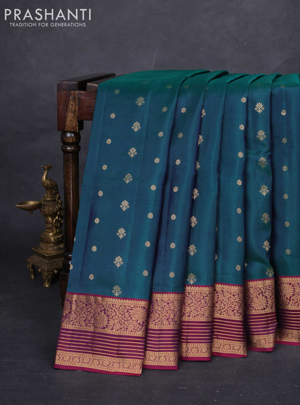 Peacock Green & Wine Pure Soft Silk Saree - Zari Buttas