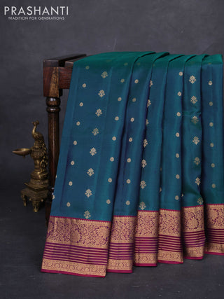 Peacock Green & Wine Pure Soft Silk Saree - Zari Buttas