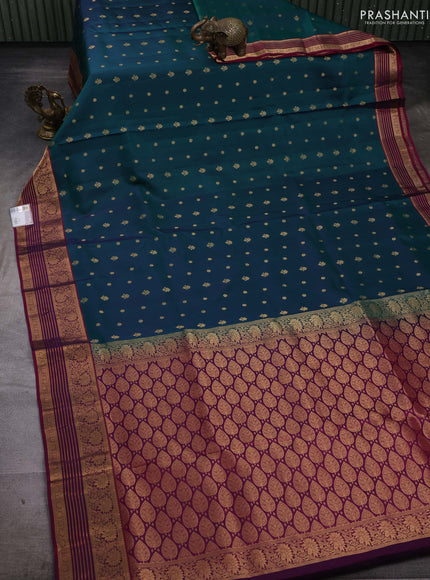 Peacock Green & Wine Pure Soft Silk Saree - Zari Buttas