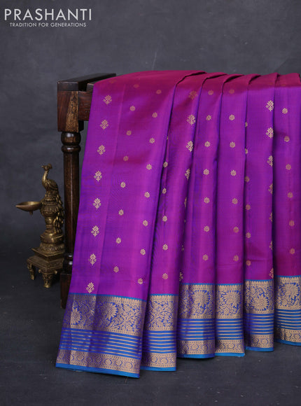 Purple & Peacock Blue Pure Soft Silk Saree - Zari Buttas