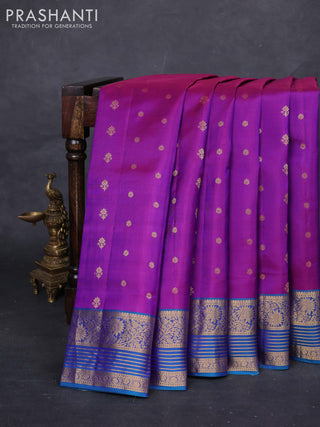 Purple & Peacock Blue Pure Soft Silk Saree - Zari Buttas
