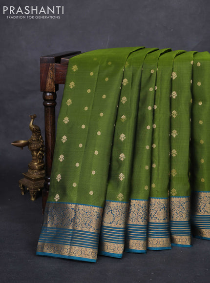 Green & Peacock Green Pure Soft Silk Saree - Zari Buttas