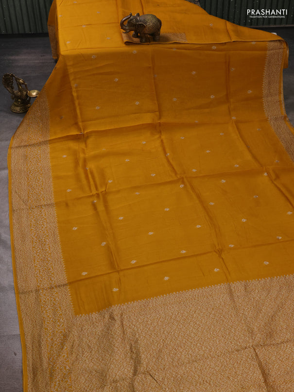Mustard yellow Banarasi Semi Raw Silk Saree - Butta style