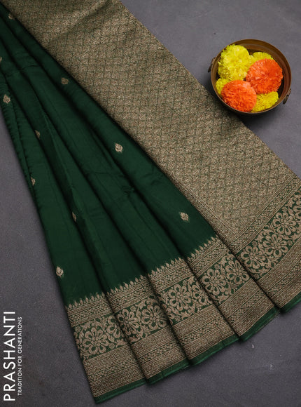 Bottle Green Banarasi Semi Raw Silk Saree - Butta style