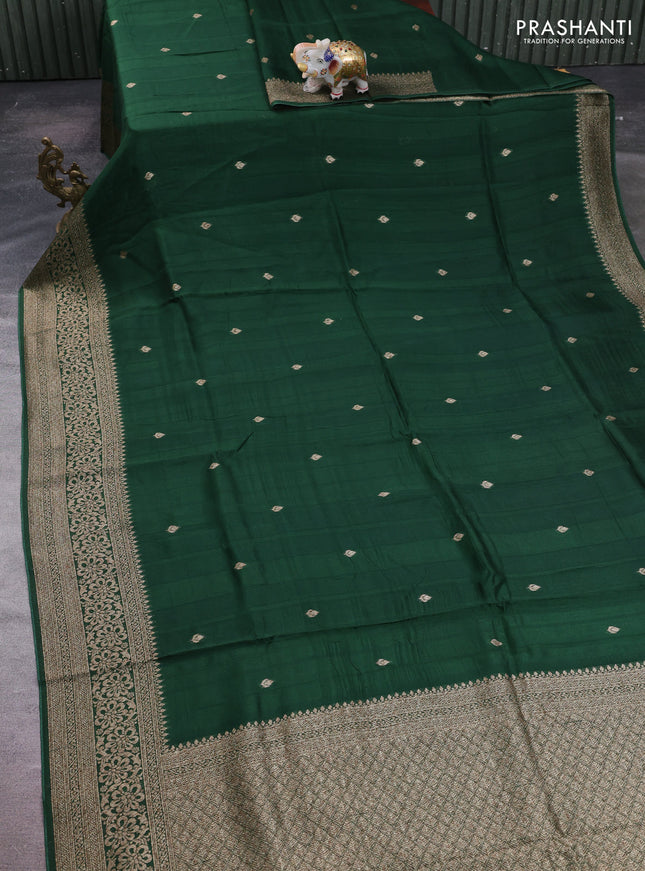 Bottle Green Banarasi Semi Raw Silk Saree - Butta style