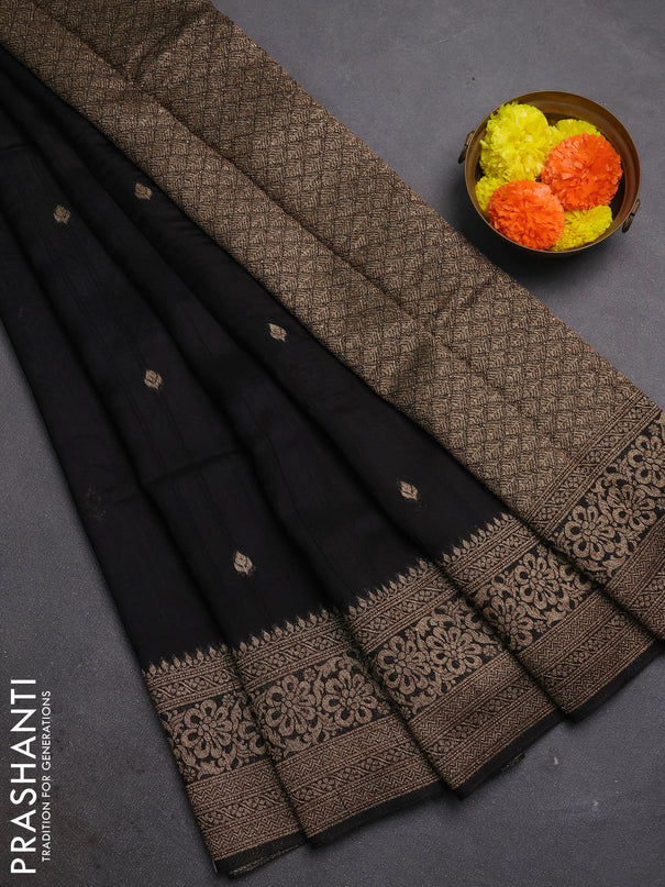 Black Banarasi Semi Raw Silk Saree - Butta style