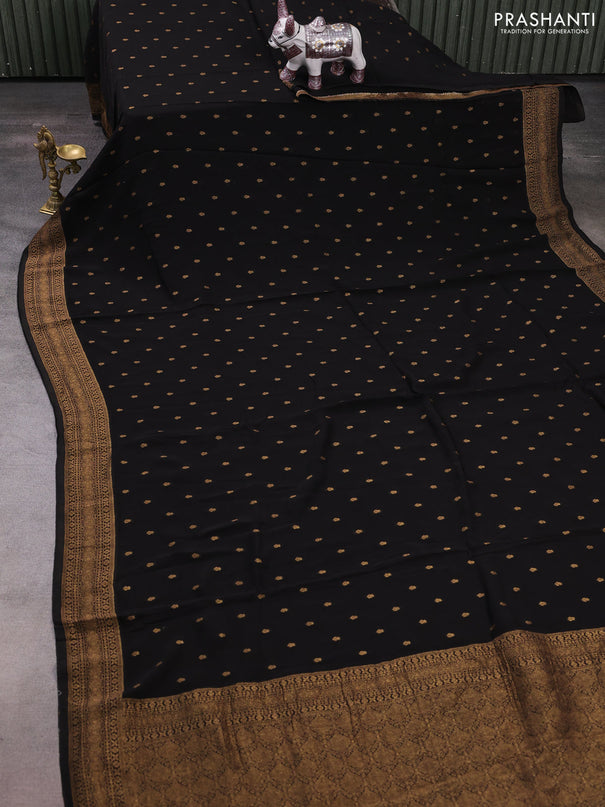 Black Banarasi Semi Raw Silk Saree - Butta style