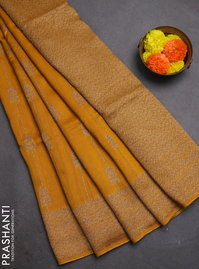 Mustard Banarasi Semi Raw Silk Saree -  Zari Weaves