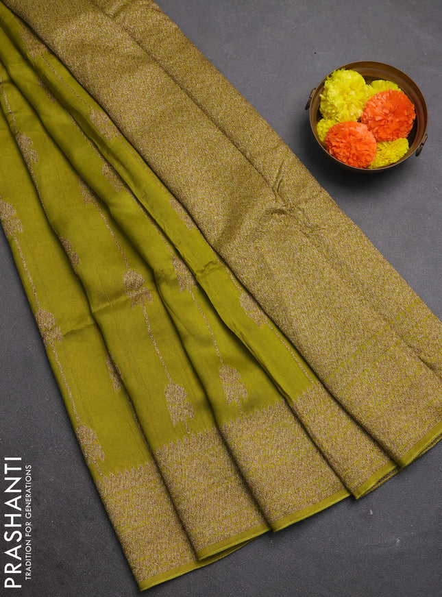 Green Banarasi Semi Raw Silk Saree -  Zari Weaves