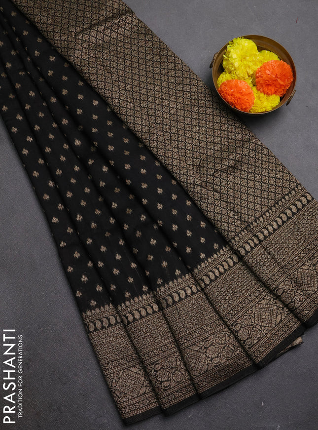 Black Banarasi Semi Raw Silk Saree - Butta style