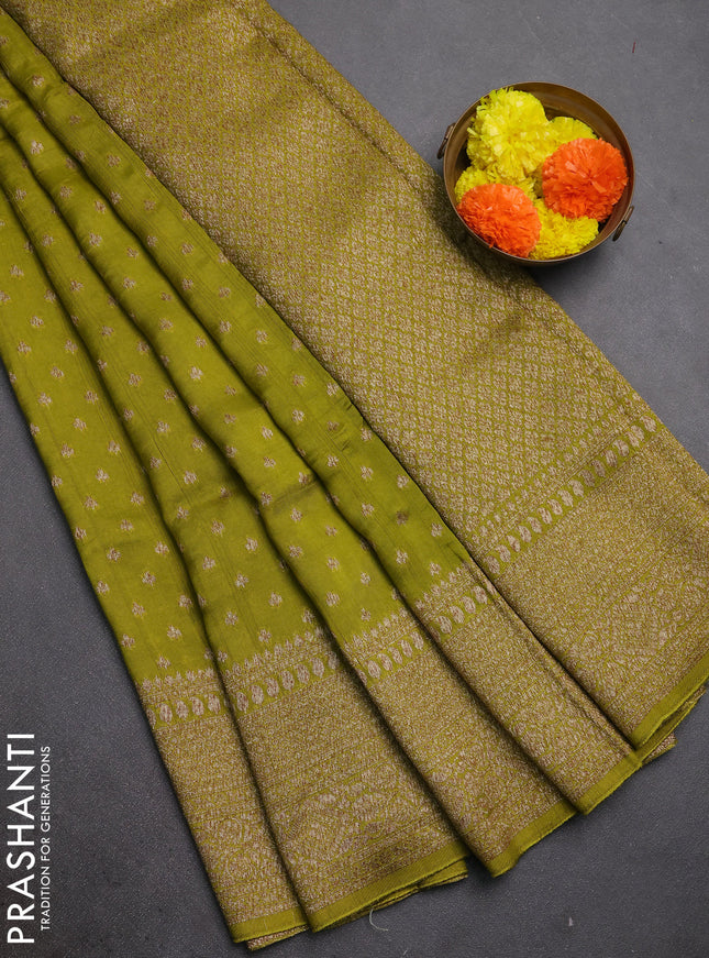 Light Green Banarasi Semi Raw Silk Saree - Butta style
