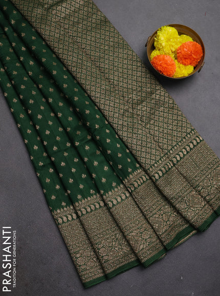 Bottle Green Banarasi Semi Raw Silk Saree - Butta style