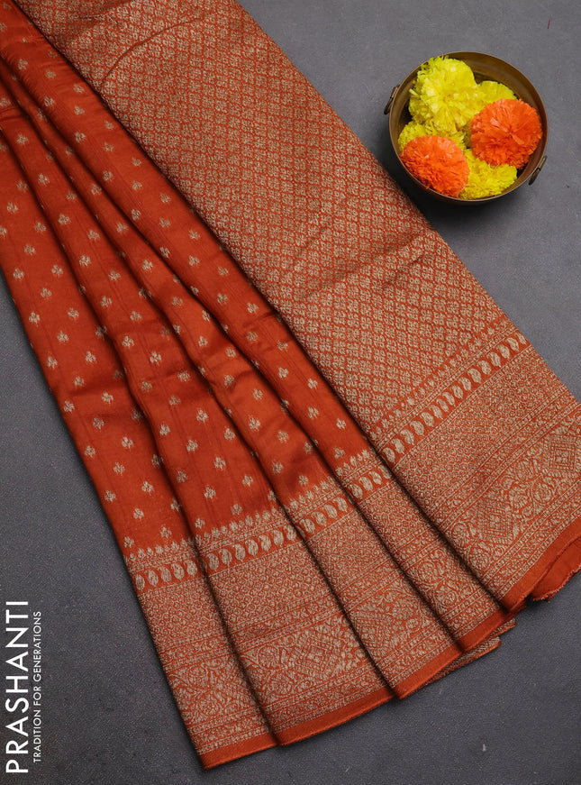 Rust Banarasi Semi Raw Silk Saree - Butta style